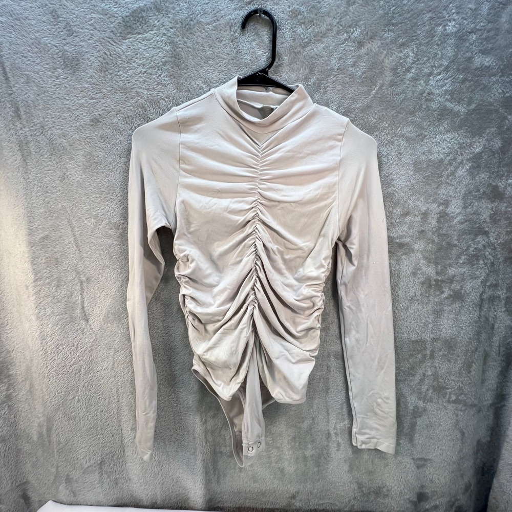 ANWND Beige Ruched Mock Neck Long Sleeve Bodysuit S/M Layering Chic Earthy